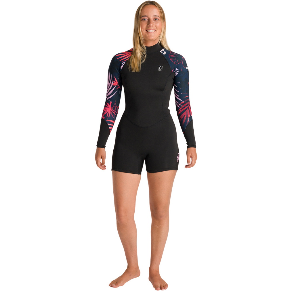 2026 C-Skins Dames NuWave Solace Lite 2/2mm Rug Ritssluiting Lentepak Wetsuit C-NSOL22SPW - Black / Tropical